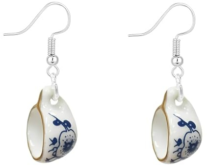 Ceramic Teacup Dangle Hook Earrings for Women, Blue White Hand-Painted Porcelain Floral Pattern Design - 3.9cm Lightweight Statement Drop, Fashion Trendy Vintage Style Jewellery