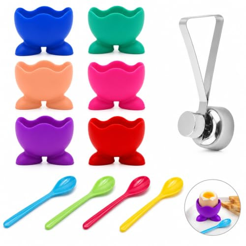 6 Pcs Colorful Silicone Egg Cups Set with Egg Cracker | Silicone Egg Cups Hold Boiled Eggs Securely and Include Cracker Tool for Breakfast Kitchen and Gifting