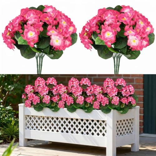 Flores artificiales para exteriores, 6 paquetes de flores de geranio rosa sintético, resistentes a los rayos UV, flores de geranios sintéticos, flores de seda de plástico, plantas sintéticas para