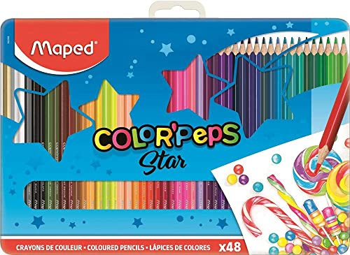 Maped - Holzfarben - Buntstifte Metallbox - 48 Farben - Ludisches Design - Robuste Box zum Aufbewahren von Holzstiften