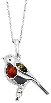 Kiara Jewellery Collana con ciondolo a forma di pettirosso in argento Sterling 925 con inserto in ambra baltica multicolore, su catenina in argento Sterling da 45,7 cm.
