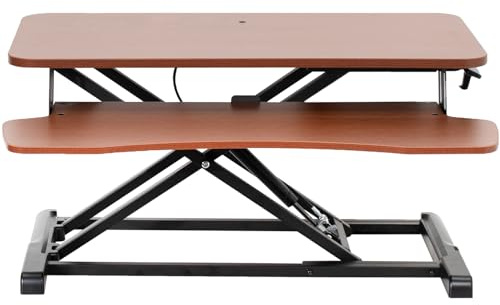 Vivo DESK-V000KA höhenverstellbarer Schreibtischaufsatz, Sitz-Steh-Arbeitsplatz für zwei Monitore und Laptop, mit großer Tastaturablage, dunkles Holzbraun, 81,3 cm