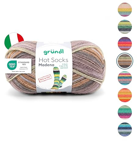 Gründl Hot Socks Madena (lana per calze 75% lana vergine (superwash) e 25% poliammide, made in Italy, 4 fili per calzini, 100 g/420 m, spessore ago: 2,5 mm - 3 mm, 1 x 100 g), mix di noci