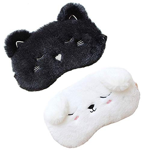 Niedliche Tier-Schlafmaske für Mädchen, niedliche Cartoon-Katze, Hund, weiche Plüsch-Augenbinde, Schlafmasken, Augenabdeckung für Frauen, Mädchen, Reisen, Nickerchen, Nachtschlafen, 2 Stück