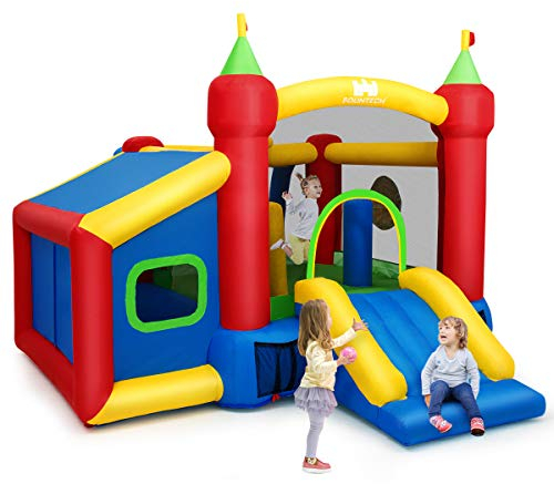 COSTWAY Hüpfburg aufblasbar, Springburg, Hüpfschloss mit Rutsche, Spielburg für Kinder 380 x 305 x 215cm, Bunt