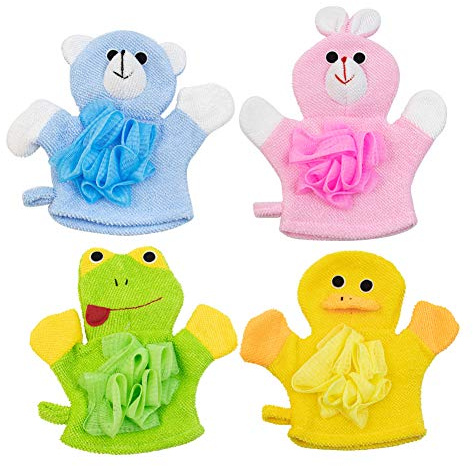 AUEAR, 4 Pcs Cartoon Terry Cloth Bath Sponge Mitts Puppet Cute Hand Puppets Washcloth Mitt Bath Glove