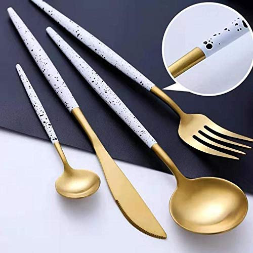 Miminuo Set De Couvert De Table,Ensemble de Vaisselle de 24 pièces en Acier Inoxydable à Pois polis Mat Ensemble de Couverts Spot en Or Noir-Or Blanc