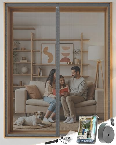ARCOL Fliegengitter Fenster Magnet 130x150 cm aus Fiberglas – Schluss mit Mücken in 3 Min, Ultrafeines Insektennetz, Automatischer Verschluss mit Magneten & Gewichten, Extrabreites Klettband (Grau)