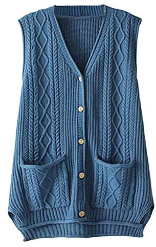 FTCayanz Cardigan Tricot Femme Col V Gilet sans Manches Elégant Casual Pull Ouvert Boutons Bleu XL
