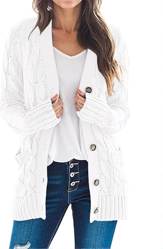 MEROKEETY Women's 2025 Fall Long Sleeve Cable Knit Cardigan Sweater Open Front Button Loose Outerwear White