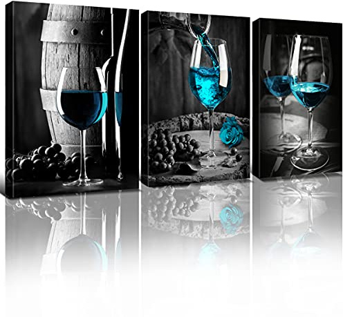 Turquoise Wine Wall Art for Kitchen Teal Wall Decor Living Room Gray and Black Wine Glass Canvas Pictures Dining Room Art Wall Decor Casks Posters Family Bar Modern Home Decorations 12x16 3 Piece/Set