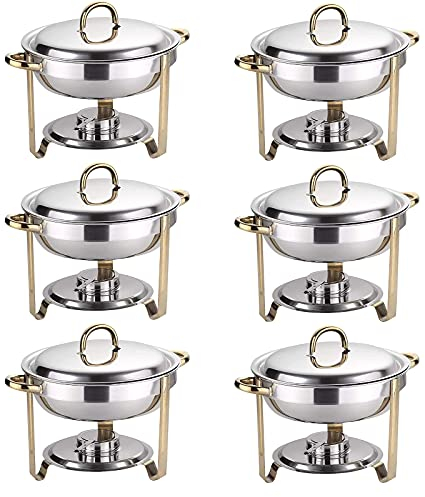 Round Chafing Dish with Gold Accents, 3.5L Full Size Stainless Steel Chafers and Buffet Warmers Sets Tray with Pans, Lid, Frame and Fuel Holder(6Pack)