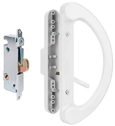 HILLMASTER Patio Door Handle Set with Mortise Lock 45° for Replacement Mortise Style Reversible Design Non-keyed Sliding Patio Glass Door Handles, Fits 3-15/16” Screw Hole Spacing White Finish
