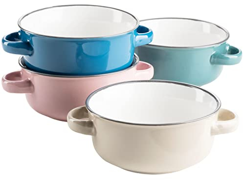 MÄSER Maila - Juego de tazas de sopa de colores para 4 personas, de cerámica esmaltada, cuencos de sopa con asa, diseño vintage, gres, rosa petróleo/beige/azul oscuro