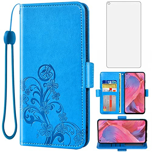 Asuwish Compatible with OPPO A74 5G/A54 5G Wallet Case and Tempered Glass Screen Protector Flip Purse Accessories TPU Wrist Strap Credit Card Holder Cell Phone Cover for A93 5G/A93S 5G Women Men Blue