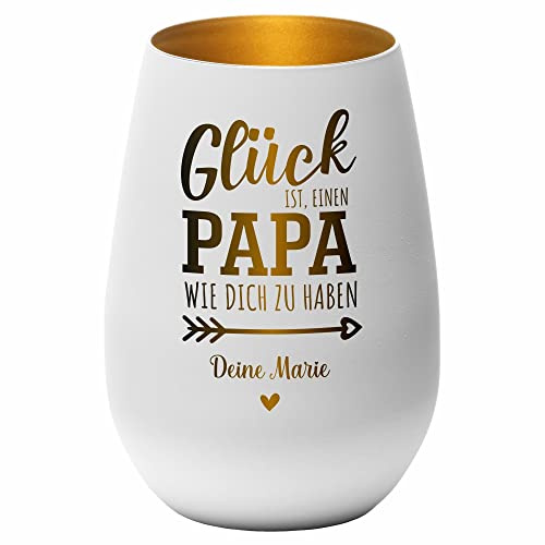 4you Design Windlicht Personalisiert mit Namen Glück ist einen Papa (Metall-Weiß-Gold), Teelichthalter als Geschenk für den besten Vater, Väter Geburtstagsgeschenk