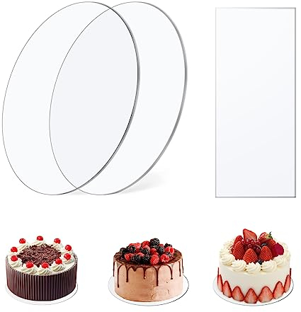 3 Piezas Platos para Tartas Acrilico, 21cm Tablero Redondo para Tartas con Raspador de Tartas, Disco para Tartas de Acrílico Transparente, Placas Redondas de Acrílico para Tartas para Postres, Pintura