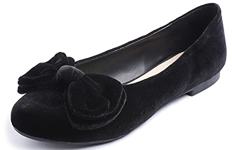 Feversole Women's Round Toe Cute Bow Trim Ballet Flats, Ballerine Punta Tonda Decorate con Un Grazioso Fiocco da Donna Nero Velvet Arco 38.5 EU