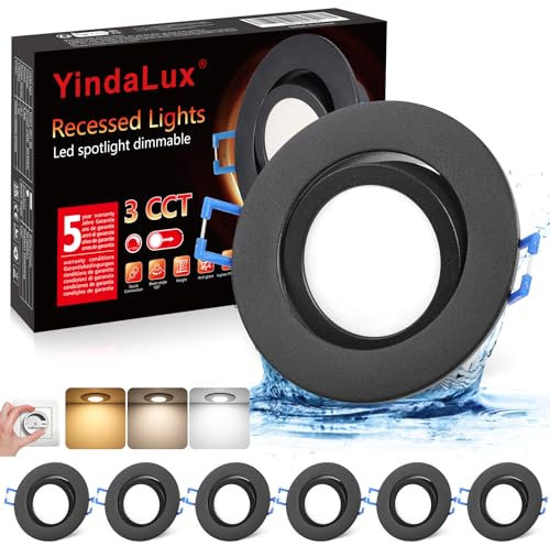 YindaLux LED Einbaustrahler 230V Flach, LED Spots 5W Dimmbar 68mm, IP44 Drehbarer Deckenspots, 3000K/4000K/6500K, Spots Deckenleuchte für Badezimmer Küche Wohnzimmer, Schwarz 6er Set