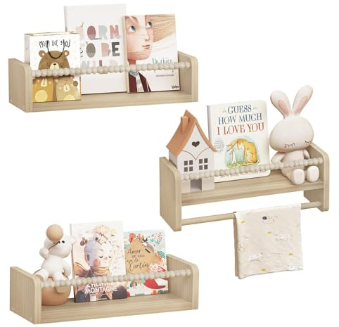 WOLTU Librería Infantil, Juego de 3 Estantes de Pared para Niños, Estanteria Libros Infantil, Estantes Pared de Madera Maciza, Baldas Flotantes para Libros y Juguetes, para Habitación Infantil
