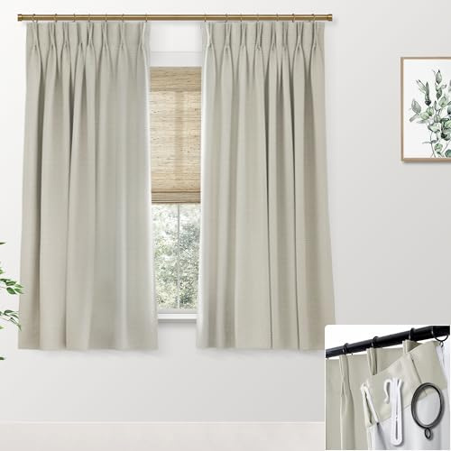 SHINELAND Oatmeal Linen Blackout Curtains 63 Inch Length, Pinch Pleated Room Darkening Curtains for Bedroom 63 Inches Long 2 Panels Set