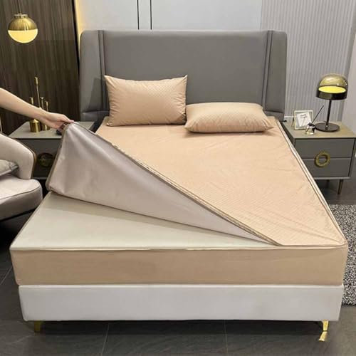 JIALIANG Matratzenbezug Wasserdichter mit Reißverschluss 180x220+10cm Khaki ohne Knistern Matratzenauflage Inkontinenzauflage Rundumgummi Atmungsaktiv Rundumbezug Anti-Milben Bezug