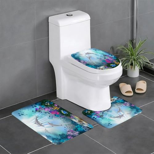 AELKSP Badezimmerteppich Set 3 Teilig,Die Unterwasserwelt mit Delfinen und Pflanzen,rutschfest Waschbar Badvorleger Set,Saugfähig Badematte Badteppich Set mit