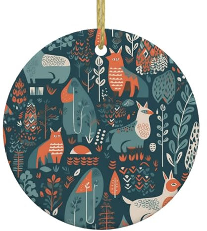 Skandinavische Tiere, Weihnachtsdekoration, runde Keramik-Hängeornamente für den Weihnachtsbaum, Porzellananhänger mit goldfarbenem Seil, Weihnachtsbaumschmuck für Feiertage, Weihnachtsdekoration