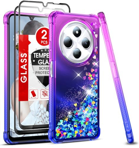 LeYi Glitter Hülle für Xiaomi Redmi 14C Handyhülle [2*Hartglas Folie] Glitzer Flüssige Cover Bling Wasser Air Cushion Stoßfest Schutzhülle Redmi 14 C Case Handy Mädchen Lila Blau