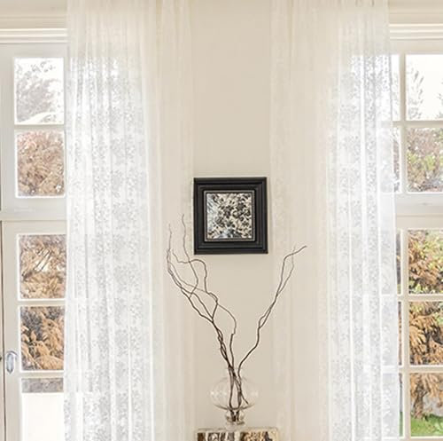 Aotiwe Vorhang Weiß Durchsichtig, Gardine Boho Jacquard Blumenspitze Gardinen für Draußen Chenille 2er Set 137 x 244cm