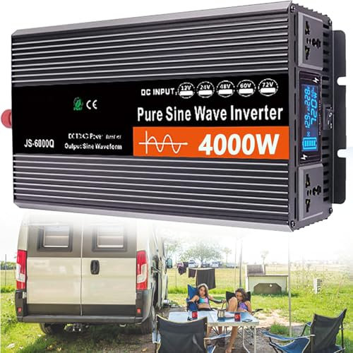 Dfdieratve Inverter di Potenza a Onda Sinusoidale Pura da 4000 W, Convertitore di Tensione da 12 V 24 V 48 V 60 V 72 V DC a 110 V 220 V AC con Display LCD, per Casa/Camper/Camion/Auto/Campeggio,12V