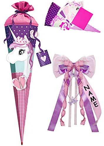 alles-meine.de GmbH BASTELSET - 3D Effekt - Schultüte - Einhorn - Pferd & Herzen - inkl. individuelle große 3-D Effekt Schleife - 85 cm - mit Holzspitze - Filzabschluß - Zuck..
