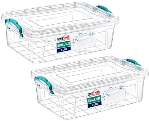 Best House | Small Plastic Storage Box with Clips & Lids | Size 1L (L:21.6cm W:14.6cm H:6cm)| Set of 2 | Flat Shape |Stackable Clear Multipurpose Home Office Kitchen Tools Crafts Bits N Pcs-1 Litres