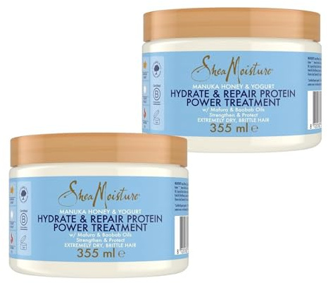 SheaMoisture Hydrate & Repair Protein Power Treatment für extrem trockenes und sprödes Haar Manukahonig & Joghurt frei von Silikonen und Sulfaten - 2 x 355 ml