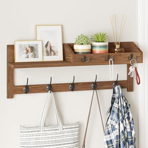 AMBIRD Holz Wandkleiderhaken mit Regal - 67,5cm Eingang Wand hängende Regal, Holz Kleiderhaken für Wand, Garderobe Wandhalterung mit 5 Doppelhaken (Braun)