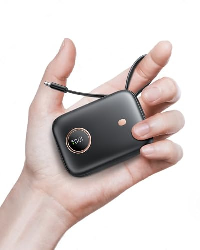 Portable Charger Fast Charging, PD 22.5w QC 3.0 Small Power Bank 10000mAh, Mini Powerbank With Built In Cable USB C, Phone Battery Pack for iPhone16/15, Samsung S21 S20 Android and More (Matte Black)