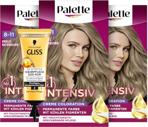 Palette Intensiv Creme Coloration 8-11 Cool Natural Blonde (3x 115 ml), permanente Haarfarbe für leuchtende, langanhaltende Farbbrillanz & SOS-Intensiv-Kur Oil Nutritive (15 ml) Haarkur