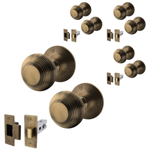 EAI Beehive Door Knob Set Antique Brass | 4 Pairs of Reeded Mortice Knobs (55mm) & Latch (76mm) for Internal Doors