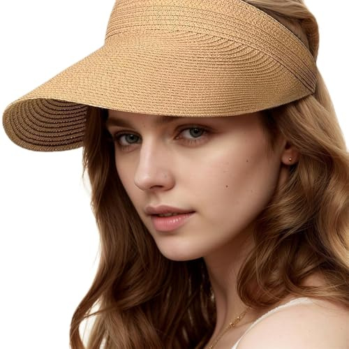 MUNSKT Visera de paja para mujer, sombrero de paja hueca, sombrero de verano con protección UV, sombrero de sol para viajes, color verde, verde, Talla única