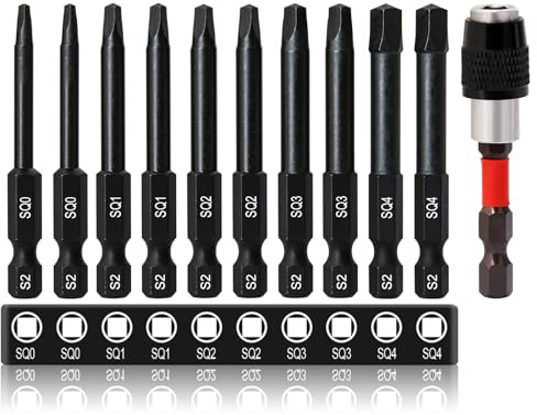 CYLBAQ Square Screwdriver Bits, 10pcs 60mm Square Head Impact Bits with Self-Locking Quick Change Extension, S2 Steel 1/4” Hex Shank Magnetic Security Electric Drill Bit SQ0 SQ1 SQ2 SQ3 SQ4
