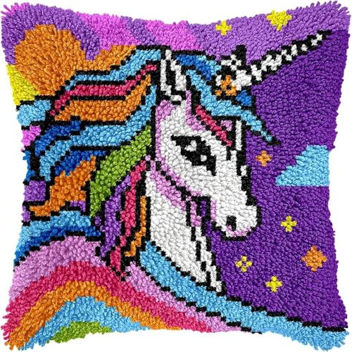 KnüpfKissen Set Erwachsene Kinder mit vordruck Pferd Einhörner Prinzessin Mädchen Lila knüpfteppich zum selber knüpfen Kissenbezug Anfänger DIY Handarbeit Stickerei Sets Handgemachtes Handwerk Sofa Wo