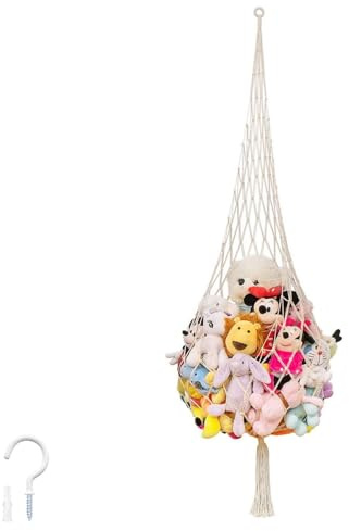 DEANKEJI Amaca di peluche in corda di cotone intrecciata, con gancio e tubo di espansione per riporre animali morbidi, cuscini, palloni da calcio