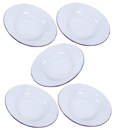 Cabilock 5pièces Assiettes Rondes Émail Blanc Avec Bord Bleu Lot Pour Fondues Et Collations Empilables Et Résistantes Chaleur