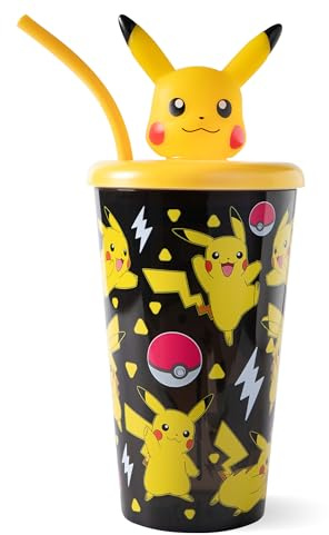 p:os Trinkbecher Kinder mit Strohhalm und Deckel Pokémon Pikachu 600 ml – großer Strohhalmbecher aus Kunststoff, Schwarz – Kinderbecher für kalte Getränke in Schule und Kindergarten, ab 3 Jahren