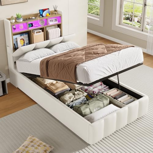 KIMENICH Bett mit LED Beleuchtung, Hydraulisches Bett 90 x 200 cm, Polsterbett, Regalkopfteil mit Stauraum, Bettgestell mit Lattenrost, bequem, für Schlafzimmer, Gästezimmer, PU Weiß