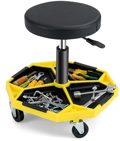 GOPLUS Taburete de Mecánico con 4 Ruedas, Taburete de Taller con Bandeja de Herramientas, Carga 150 kg, 50,5 x 50,5 x 41-55 cm, Ajustable, Asiento Mantenimiento para Coches Garaje (Negro + Amarillo)