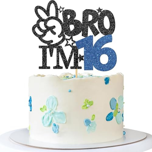 Bro I'm 16 Cake Topper 16th Cake Pick Glitter Cheers 16th Cake Decorations For Happy Birthday Party Supplies Funny Birthday Party anniversary