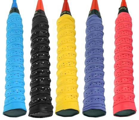 YEVON 5 Pack Tennis Racket Grip Tape – Anti Slip Badminton Squash Racquet Grip Replacement Tape – Breathable Perforated PU Racket Grips for Sports Equipment