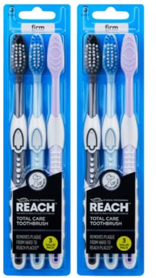 REACH Total Care - Cepillo de dientes firme, paquete de 2 x 3 (6 cepillos), cabeza compacta con cerdas en V, limpiador de lengua y agarre antideslizante, elimina la placa, suave con los dientes