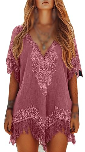 acsewater Costume da Bagno da Donna con Maniche Corte Larghe Mini Abito da Spiaggia Copricostume Boho Etnico Scollo a V Profondo con Frange 2026